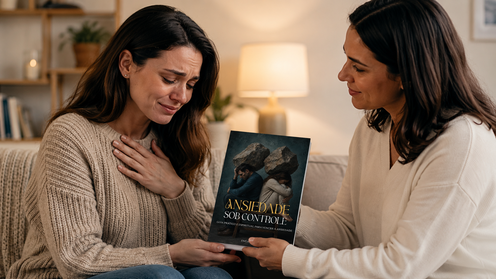 Uma amiga presenteando o livro Ansiedade Sob Controle para uma amiga que está triste